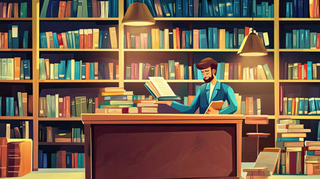 A vibrant scene depicting a librarian in a cozy library, thoughtfully reading a book amidst colorful shelves, creating an inviting space for literary exploration.の素材