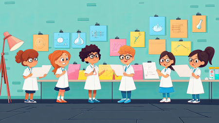 A joyful group of diverse children in lab coats exploring science concepts in a vibrant classroom filled with creativity, learning, and teamwork.の素材