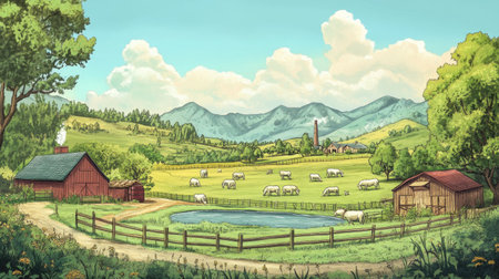 A beautiful illustration of a tranquil countryside scene featuring rolling hills, grazing cattle, a serene pond, and vibrant greenery under a clear blue sky. Perfect for rural themes.の素材