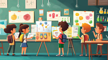 A vibrant classroom scene featuring students presenting their science projects with colorful charts and engaging illustrations, promoting creativity and collaboration among young learners.の素材