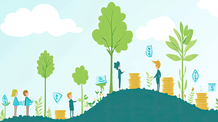 This vibrant illustration showcases the themes of growth and sustainability, illustrating people engaging in environmental and financial activities amidst a colorful landscape.の素材