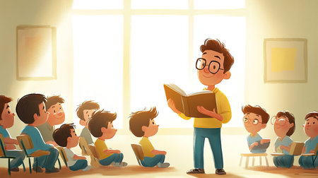 A vibrant illustration of a young boy reading a book to an attentive group of children, highlighting the joy of learning in a creatively engaging classroom environment.の素材