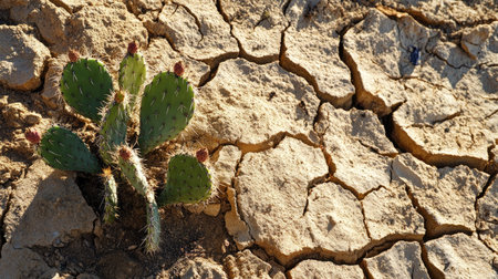 A stunning close-up of a cactus emerging boldly from dry cracked earth in a desert landscape, showcasing nature's resilience and beauty in challenging environments.の素材