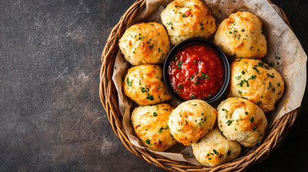 Indulge in these warm, cheesy bites served in a rustic basket with fresh tomato salsa, making them perfect for appetizers or delightful snacks at any gathering.の素材