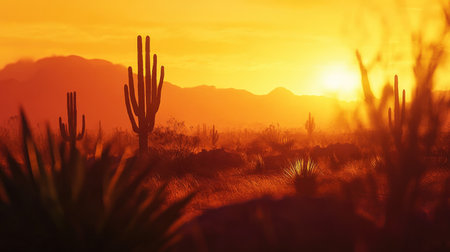 A captivating sunset scene in the desert featuring silhouetted cacti set against a warm orange sky with distant mountains, evoking a sense of peace and natural beauty.の素材