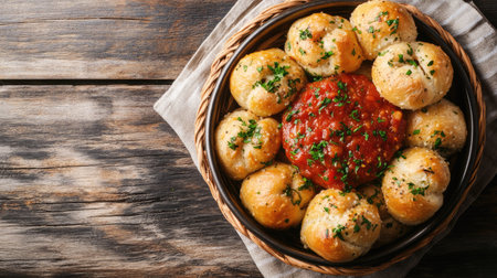 Indulge in freshly baked garlic bread balls paired with rich marinara sauce. Perfect for sharing, these warm bites promise a delightful taste experience. Ideal for gatherings!の素材