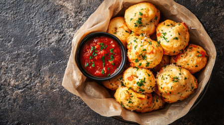 Enjoy a delightful serving of golden-brown savory dumplings, garnished with fresh herbs and paired with a rich marinara sauce, perfect for any gathering or meal.の素材