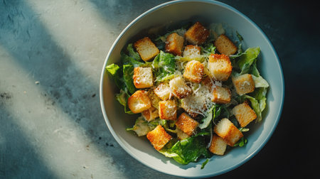 A vibrant overhead view of a fresh lettuce salad topped with crunchy croutons and shaved cheese, beautifully illuminated by natural light for an appetizing presentation.の素材