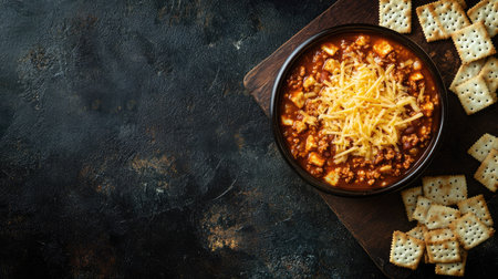 Top view of a bowl of chili with cheese and crackers. Copy space available.の素材