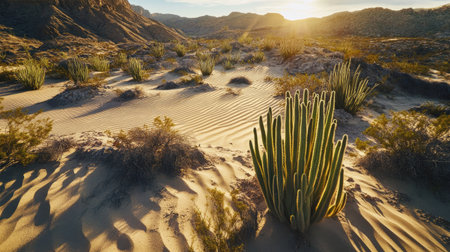 This stunning desert scene captures the beauty of tall cacti surrounded by soft sand dunes, illuminated by the warm glow of a sunset behind distant hills.の素材