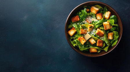 A vibrant Caesar salad featuring fresh greens and crispy croutons, topped with parmesan cheese, perfect for healthy meal options or side dishes.の素材