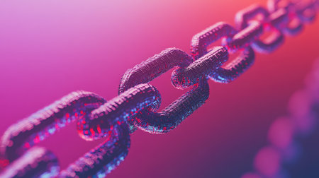 A captivating digital illustration of a chain link showcasing technology and connection through a striking purple and orange gradient background, perfect for abstract visuals.の素材