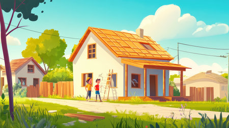 This vibrant illustration captures two individuals joyfully working on a house renovation. The lively atmosphere and scenic surroundings create a perfect setting for home improvement.の素材