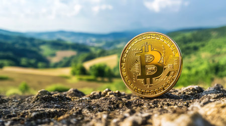 A shiny golden Bitcoin coin showcases the concept of cryptocurrency, placed on a rock against a stunning natural landscape featuring green hills and a bright blue sky.の素材