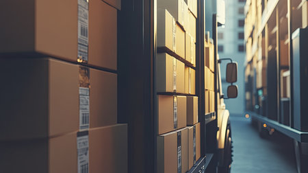 This image showcases a modern delivery truck loaded with packages on a city street, highlighting urban logistics and transportation efficiency in action.の素材