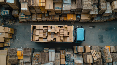 A delivery truck is shown from above, filled with cardboard boxes amidst a busy warehouse setting, highlighting the logistics and distribution process in urban environments.の素材