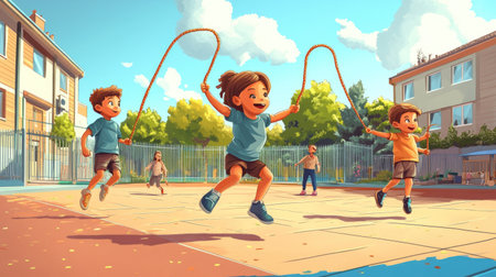 A lively scene of children happily jumping rope in a sunny playground, capturing the essence of active play and the joys of childhood in a vibrant outdoor setting.の素材