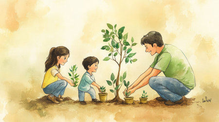 This charming illustration shows a family joyfully planting trees together, highlighting the importance of nature conservation and family bonding in a delightful outdoor setting.の素材