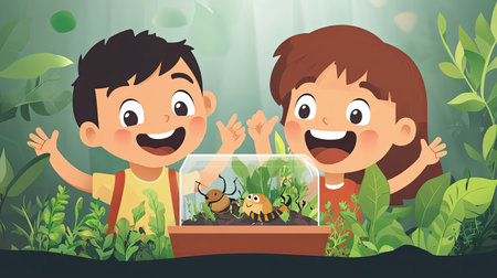 Two excited children joyfully interact with a terrarium, showcasing various insects amidst vibrant greenery, embodying curiosity and a love for nature.の素材