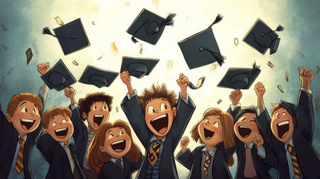 A vibrant illustration of children celebrating graduation with excitement and joy, capturing the essence of friendship and achievement in an educational setting.の素材