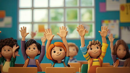 Bright and colorful classroom scene featuring diverse cartoon children happily raising their hands, illustrating enthusiasm and engagement in a vibrant learning atmosphere.の素材