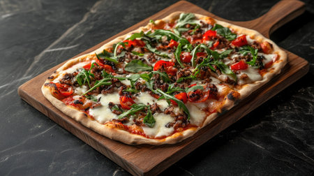 A beautifully arranged pizza featuring melted mozzarella, vibrant cherry tomatoes, and fresh arugula on a rustic wooden board against a dark marble backdrop.の素材