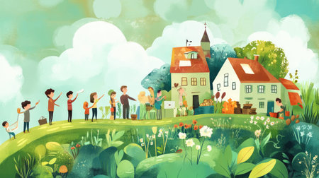 A vibrant scene depicting a joyful community gathering with people engaged in gardening, surrounded by colorful flowers and lush greenery, celebrating nature and togetherness.の素材