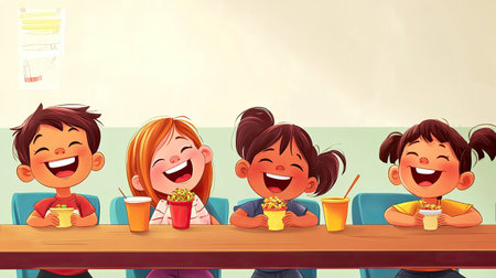 Four cheerful children sharing ice cream in a bright setting, showcasing pure joy and friendship, perfect for capturing delightful moments of childhood happiness.の素材