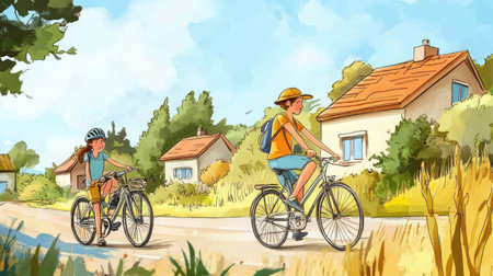 Two children joyfully ride their bicycles down a picturesque country road, enjoying the sunny day amidst lush greenery and cozy houses in this colorful illustration.の素材
