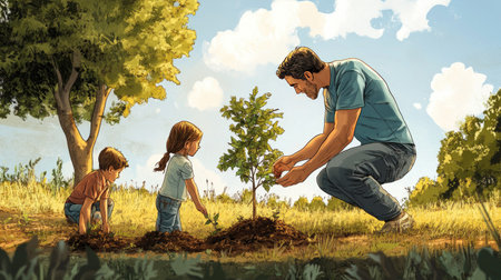 A father engages his children in planting a young tree, showcased in a vibrant park. This image captures the essence of family bonding and environmental responsibility through hands-on gardening activities.の素材