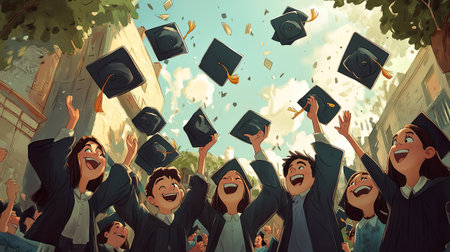 A vibrant scene capturing graduates joyfully tossing their caps into the air, celebrating their academic achievements in a lively outdoor setting filled with excitement and hope for the future.の素材