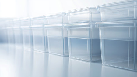 A series of clear plastic storage containers arranged in a bright, modern space, showcasing organization and minimalism. Ideal for home or office use.の素材