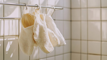 Soft cotton bath accessories hang gracefully on a metallic rack, illuminated by gentle sunlight, embodying tranquility and modern bathroom style.の素材