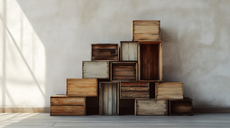 A collection of rustic wooden boxes arranged creatively against a textured wall, illuminated by soft sunlight, creating a warm and inviting atmosphere.の素材