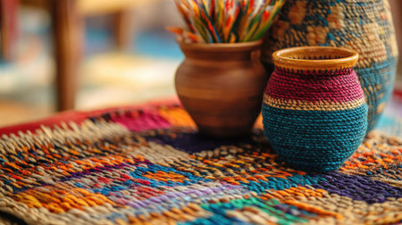 This captivating still life showcases a collection of vibrant handcrafted textiles and unique pottery, highlighting artistic craftsmanship and a cozy, warm atmosphere.の素材