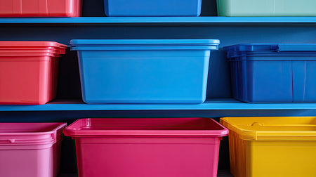 Bright and colorful plastic storage bins arranged on a shelf, emphasizing organization and neatness in various settings. Perfect for storage solutions.の素材