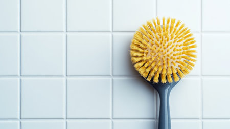 A vibrant yellow cleaning brush rests against a pristine white tiled wall. This image captures the essence of cleanliness and effective home maintenance.の素材