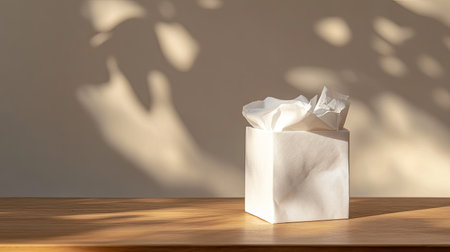 A minimalist white gift box with crumpled paper sits on a wooden table, softly illuminated by natural light, creating an elegant and serene atmosphere.の素材
