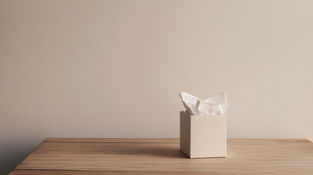 A minimalist tissue box sits elegantly on a wooden table, offering a serene touch to any interior space. Perfect for home and office decor, it embodies simplicity.の素材
