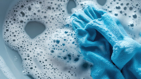 A vibrant blue cloth immersed in foamy soap suds illustrates effective cleaning. The texture and bubbles convey a sense of hygiene and cleanliness ideal for household tasks.の素材