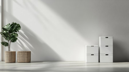 A serene minimalist interior featuring plush plants and tidy storage boxes, illuminated by soft natural light, creating a calm and inviting atmosphere.の素材