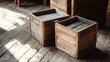 Two vintage wooden crates sit on a rustic floor, beautifully illuminated by natural light, showcasing the rich textures and craftsmanship of aged wood.の素材