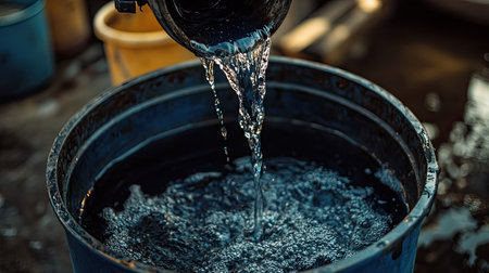 A captivating image of water pouring from a container into a dark blue barrel, showcasing the dynamic motion and shimmering surface of the liquid.の素材