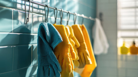 Bright blue and yellow cleaning gloves hang in morning light, adding a cheerful touch to a modern kitchen's decor. The scene conveys cleanliness and coziness.の素材
