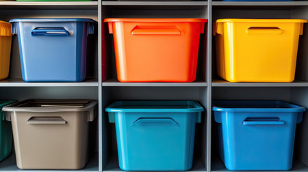 A vibrant display of plastic storage bins in assorted colors neatly arranged on a shelf, perfect for home or office organization and functionality.の素材