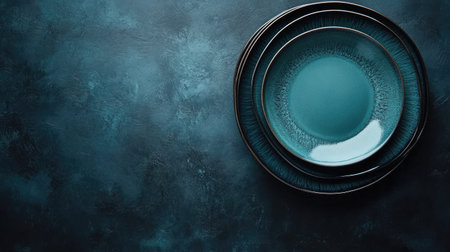 A visually striking arrangement of elegant blue plates stacked on a dark textured background, perfect for food presentation or modern decor inspiration.の素材