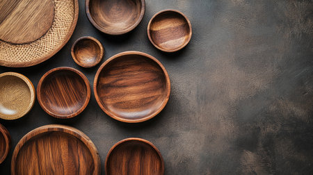 A collection of rustic wooden bowls displayed on a dark textured surface, showcasing natural beauty and craftsmanship. Perfect for enhancing any dining setting or kitchen decor.の素材