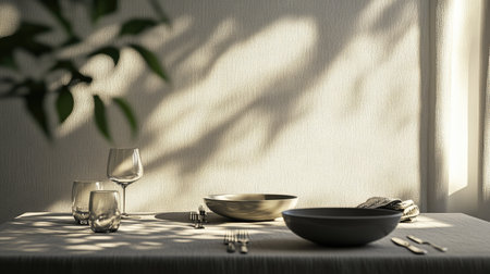 A beautifully arranged table setting featuring minimalist style and soft natural light. Delicate shadows dance across the surface, creating a serene atmosphere perfect for dining.の素材