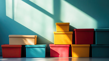 A vibrant display of colorful storage boxes stacked creatively against a bright wall. Sunlight casts dynamic shadows, enhancing the cheerful aesthetic. Perfect for decor inspiration.の素材