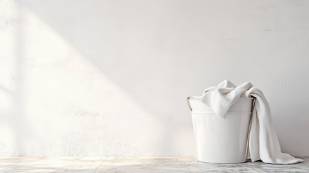 A stylish white bucket holds a soft towel in a serene minimalist interior. The calm setting emphasizes cleanliness and comfort, perfect for relaxation moments.の素材